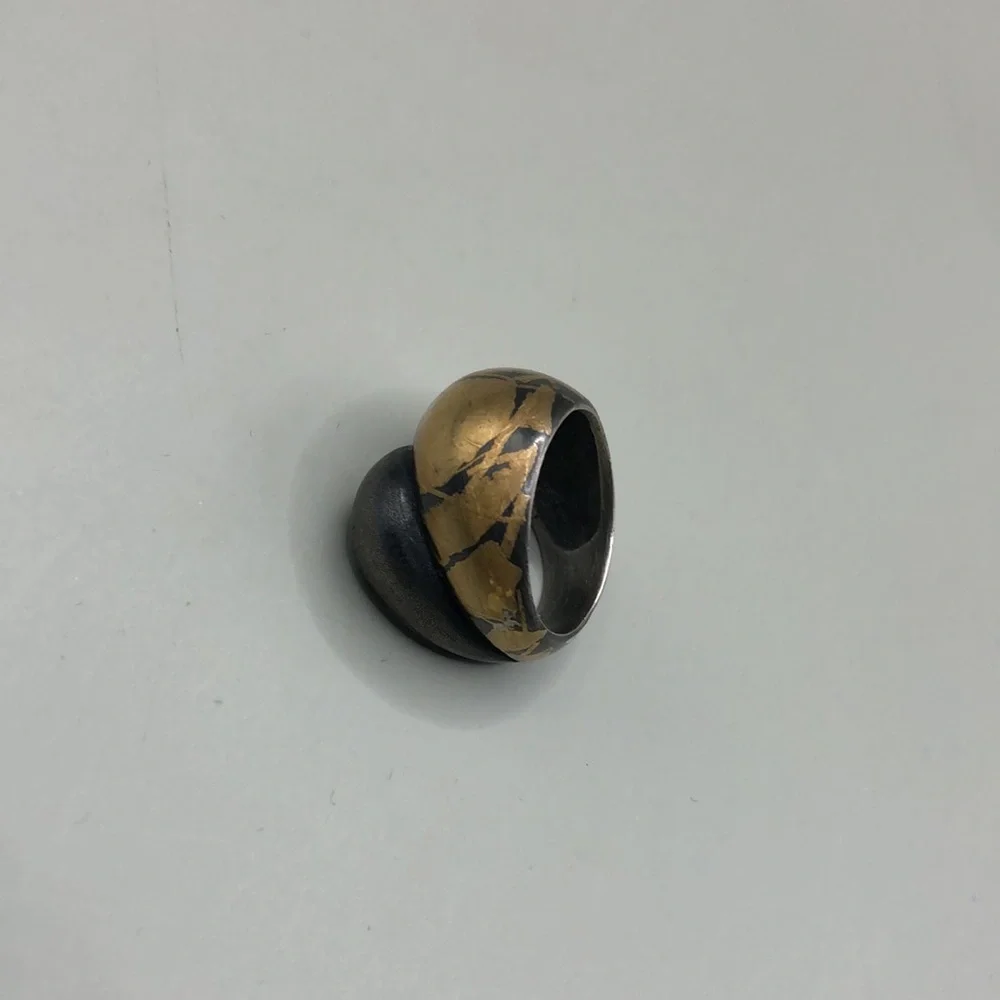 Sterling silver 925 brushed 14k gold modernist, contrasting, art to wear ring.